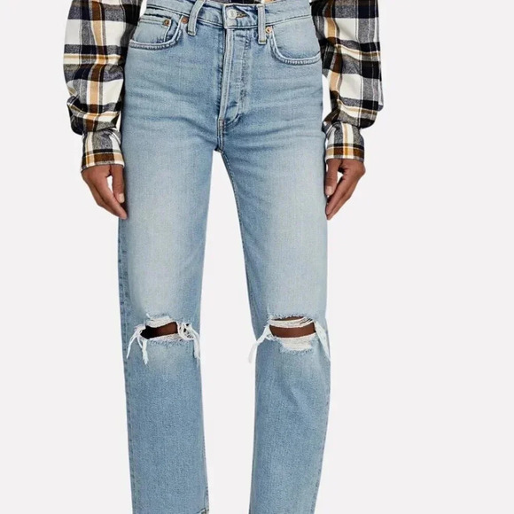 RE/DONE 70s High Rise Stove Pipe Jeans Denim Blue Jeans in Light Destroyed 24 - Picture 4 of 13